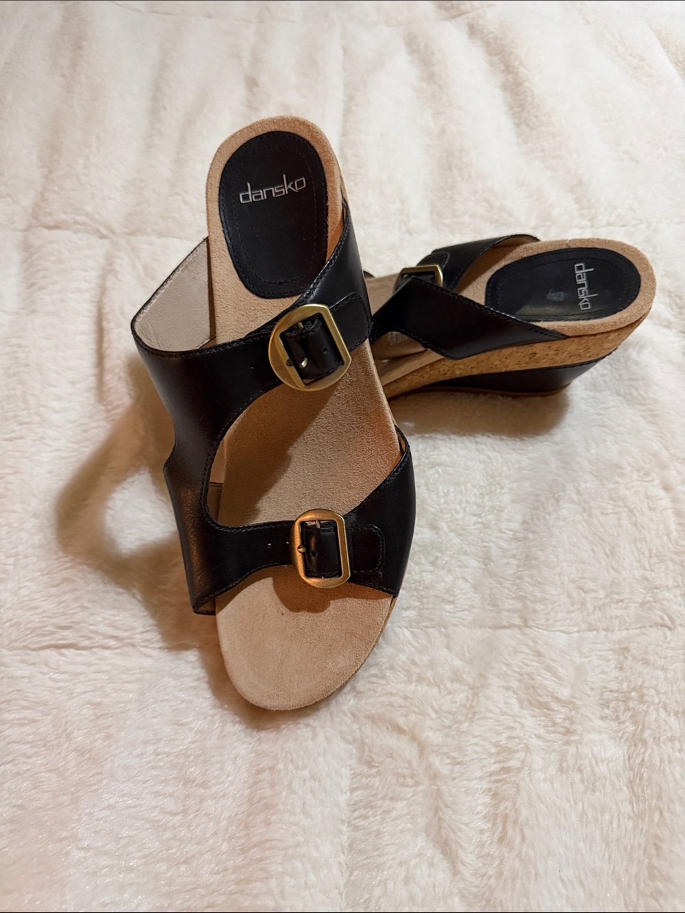 Dansko Black Leather Cork Wedge Sandals with Gold Buckles, Brand new